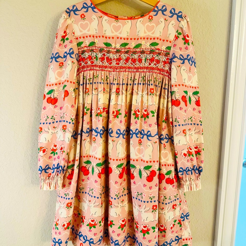 SOLD. 🛑🚫Mini Boden Valentines dress with cherry and cat print Size 8-9
